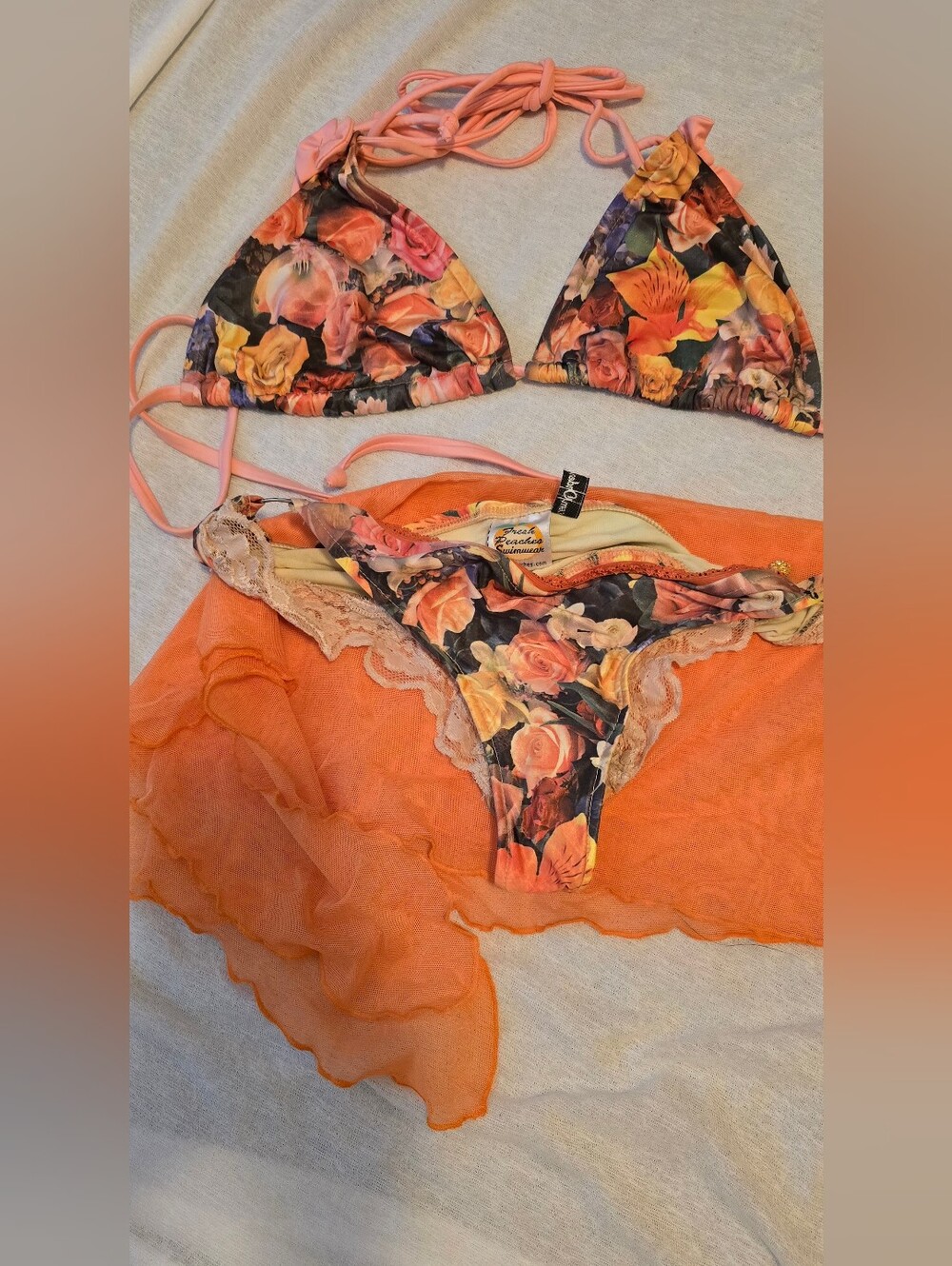 Fresh Peaches Swimwear Floral Triangle Bikini Set - Orange, Pink, Yellow